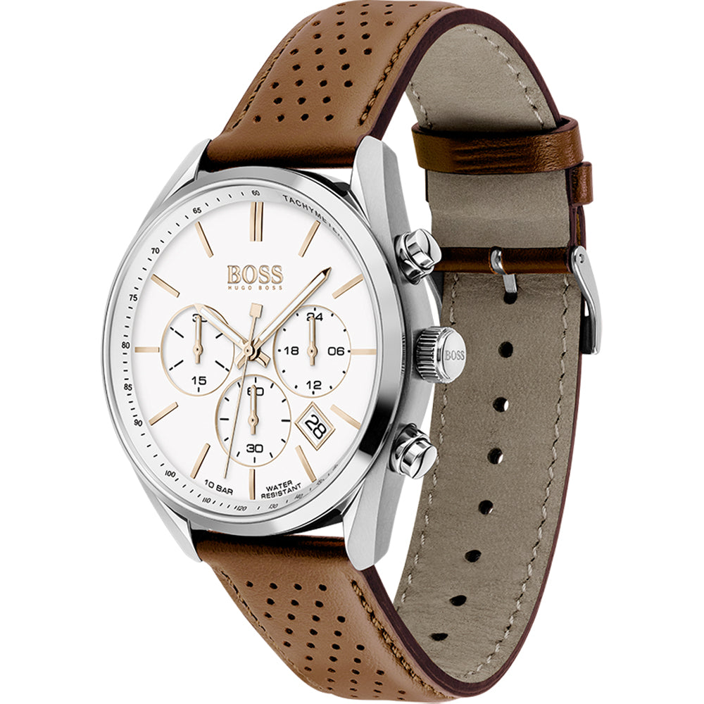 Hugo Boss Champion watch side view showing brown leather strap and silver steel case