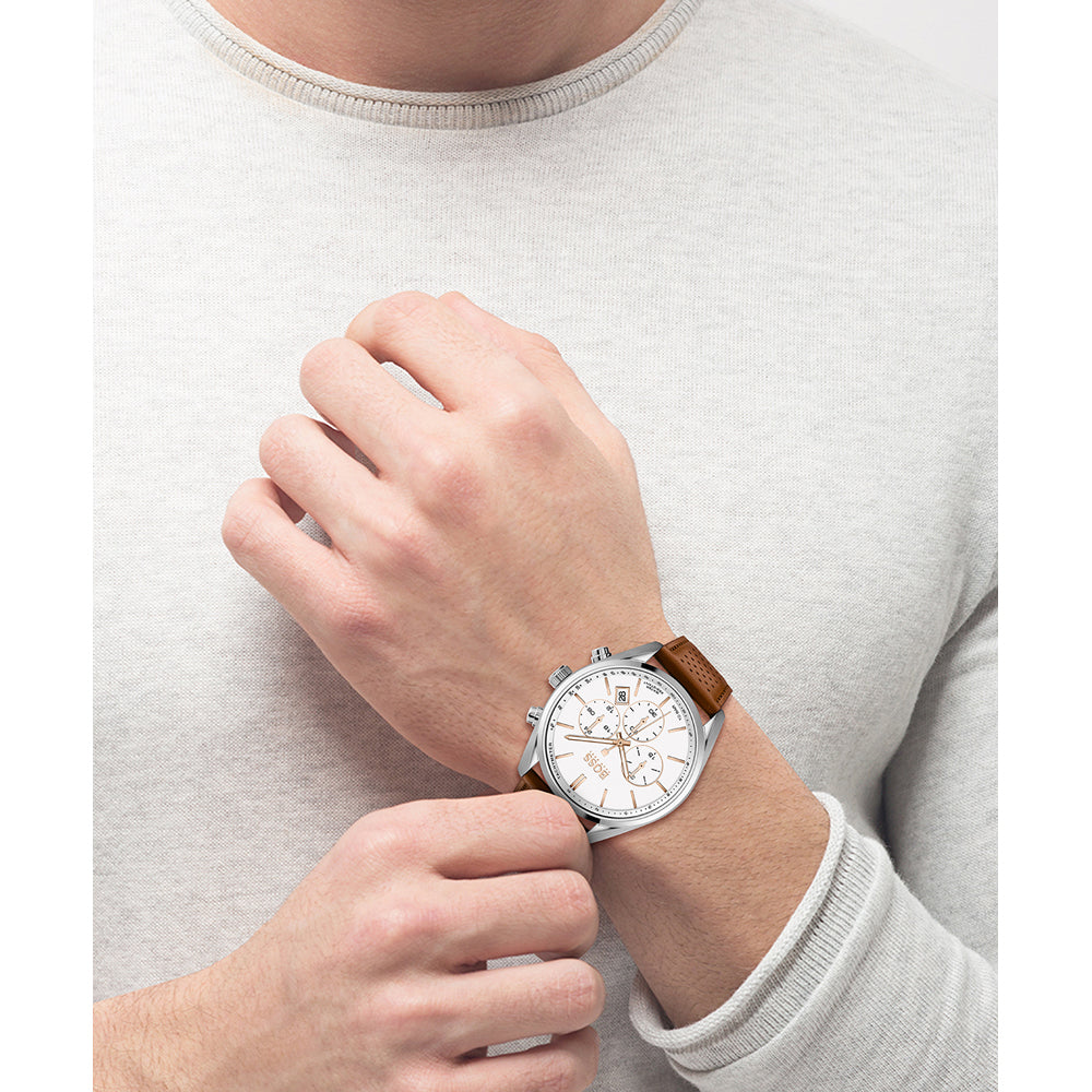 Hugo Boss Champion chronograph watch worn on wrist showing dial and brown leather strap