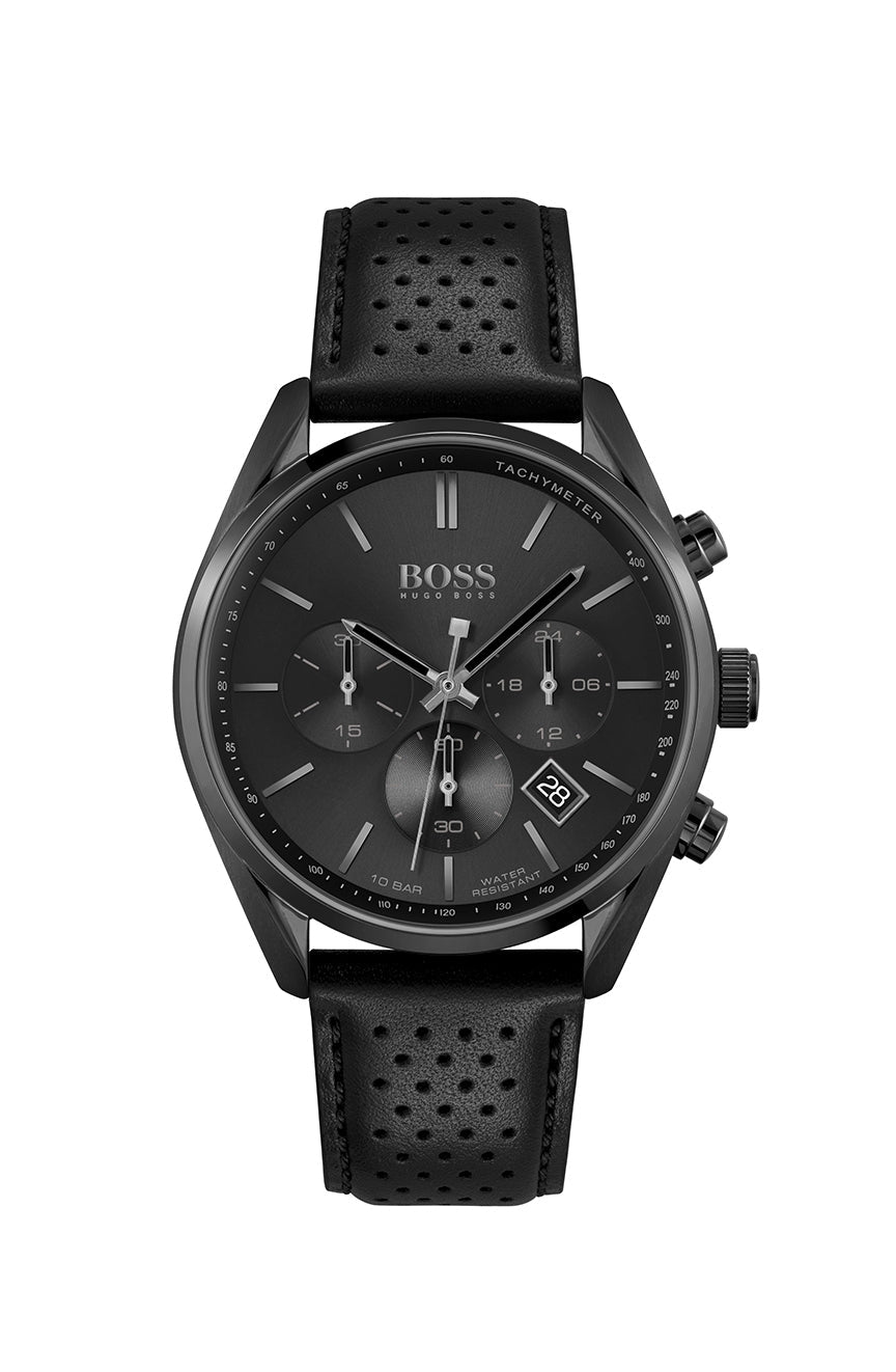 Hugo Boss Champion black chronograph watch with black leather strap