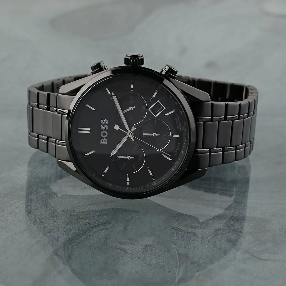 Hugo Boss Champion chronograph watch side view with black steel bracelet