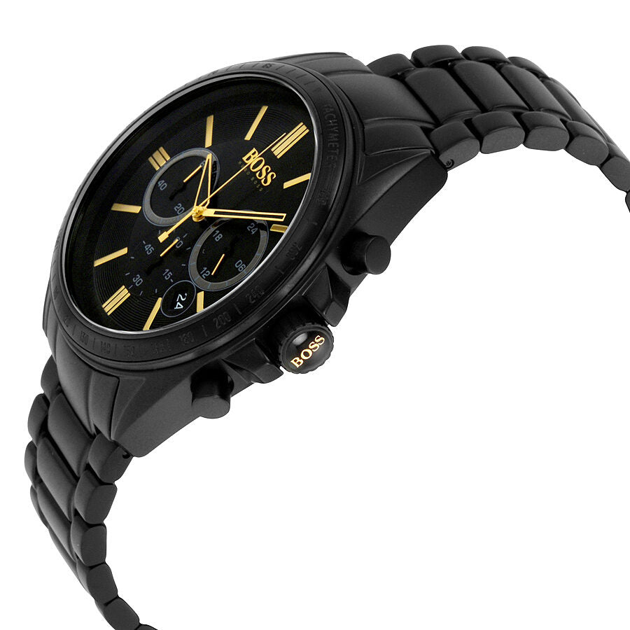 Side angle view of Hugo Boss chronograph watch showing black ion-plated steel case and bracelet