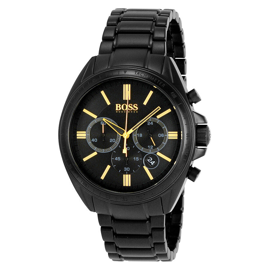 Hugo Boss chronograph men's watch with black dial and gold indices on black ion-plated bracelet