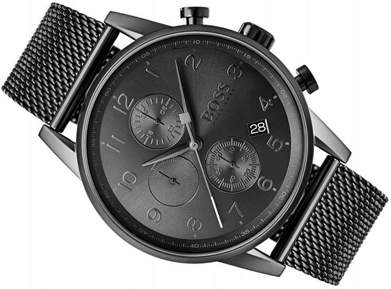 Hugo Boss Navigator chronograph watch angled view showing black dial and mesh bracelet