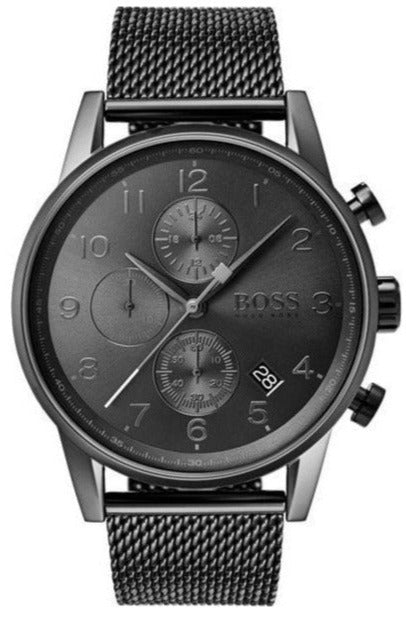 Hugo Boss Navigator chronograph watch with black dial, three subdials, and black mesh strap