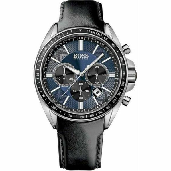 Hugo Boss chronograph watch with blue dial, tachymeter bezel, and black leather strap