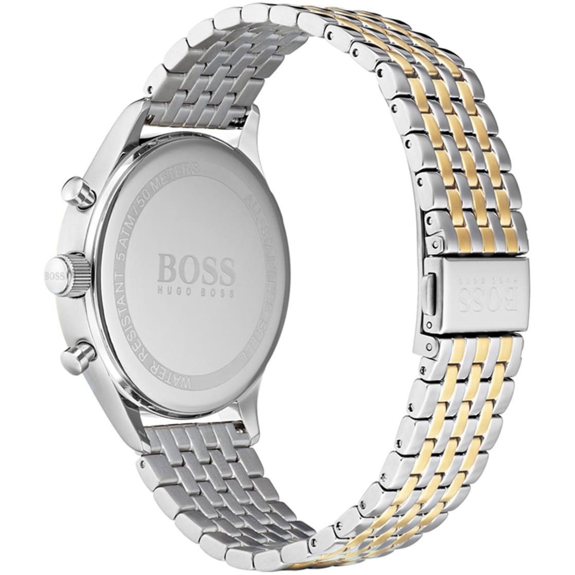 Caseback view of Hugo Boss Classic Companion showing stainless steel with two-tone bracelet