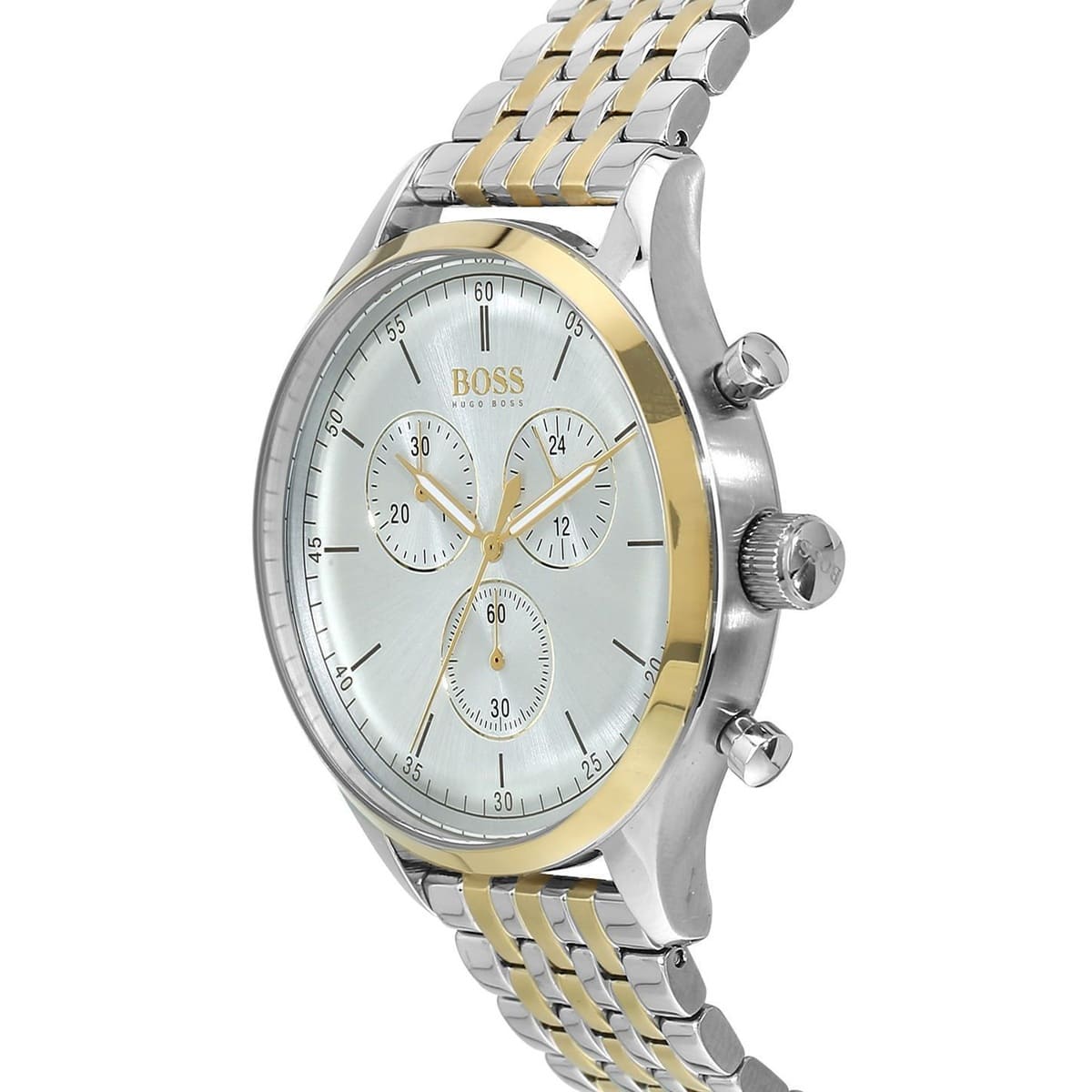 Detailed view of Hugo Boss Classic Companion dial with chronograph subdials and gold hands
