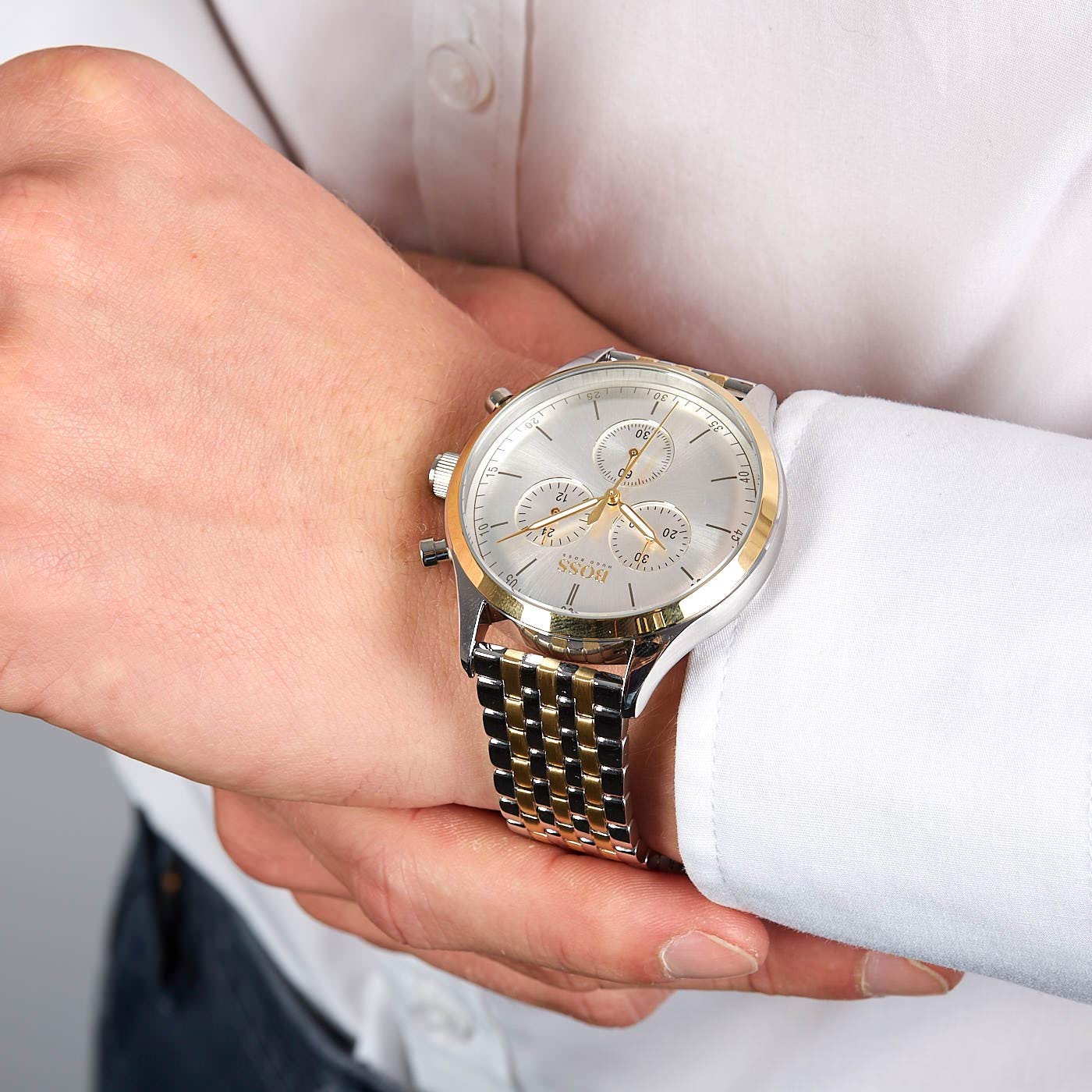 Hugo Boss Classic Companion chronograph watch on wrist showing silver dial and mixed metal bracelet
