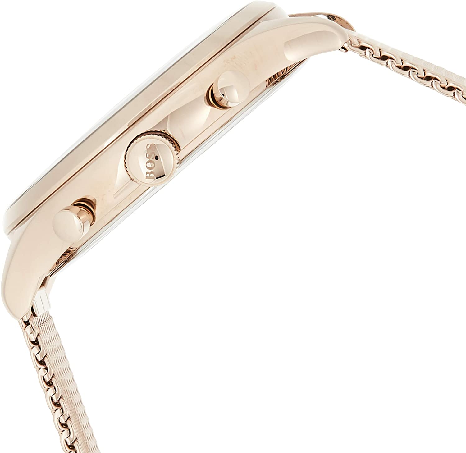 Side profile of Hugo Boss Companion rose gold-tone chronograph watch showing case thickness and pushers