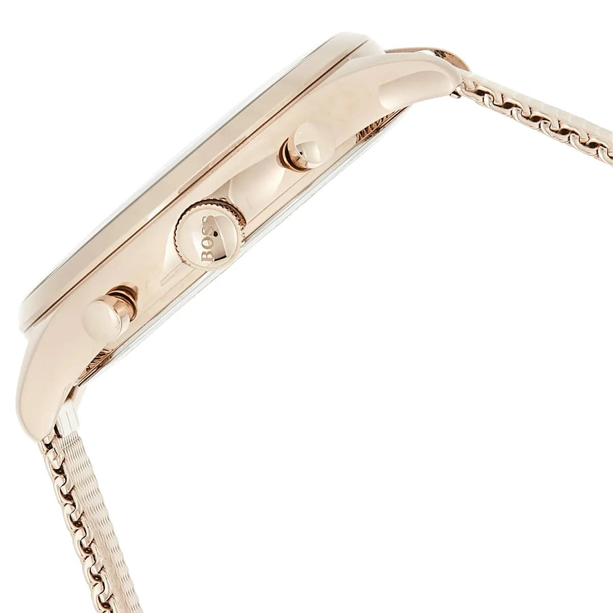 Side view of Hugo Boss Companion 1513548 rose gold case and mesh strap