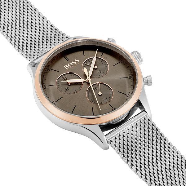 Hugo Boss Companion chronograph watch tilted angle showing grey dial and mesh strap