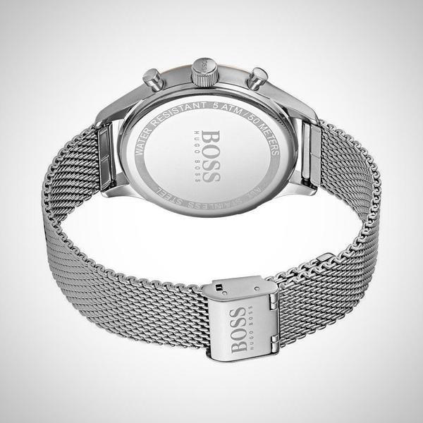 Hugo Boss Companion chronograph caseback with stainless steel mesh strap attached