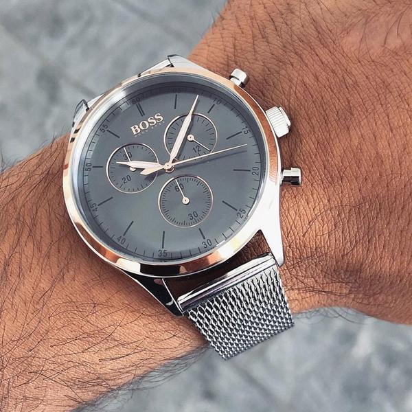 Hugo Boss Companion chronograph men's watch on wrist showing dial and rose gold bezel