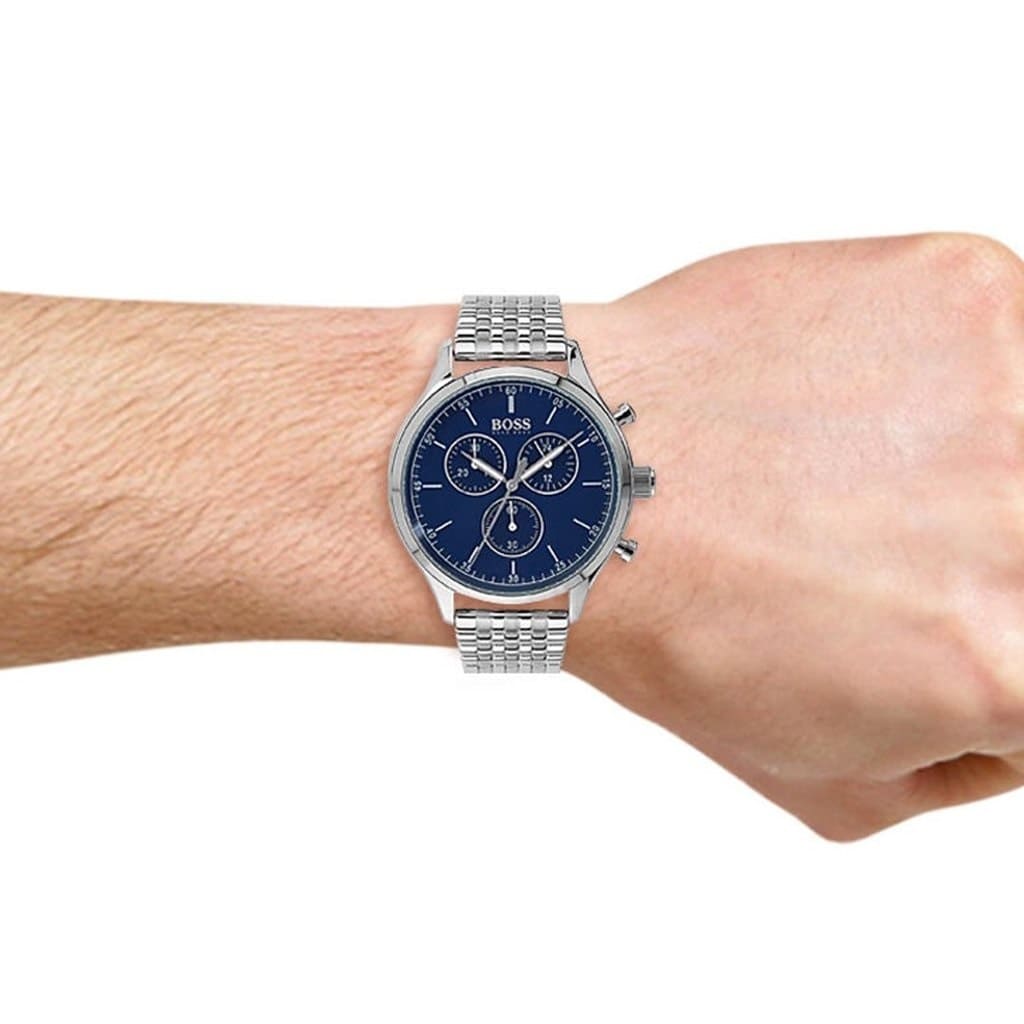 Hugo Boss Companion chronograph watch worn on wrist showing blue dial and steel bracelet