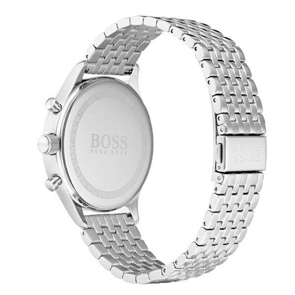Caseback view of Hugo Boss Companion chronograph watch with stainless steel bracelet