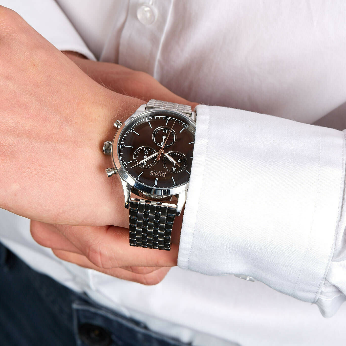 Hugo Boss Companion chronograph watch on wrist with white dress shirt, black dial visible