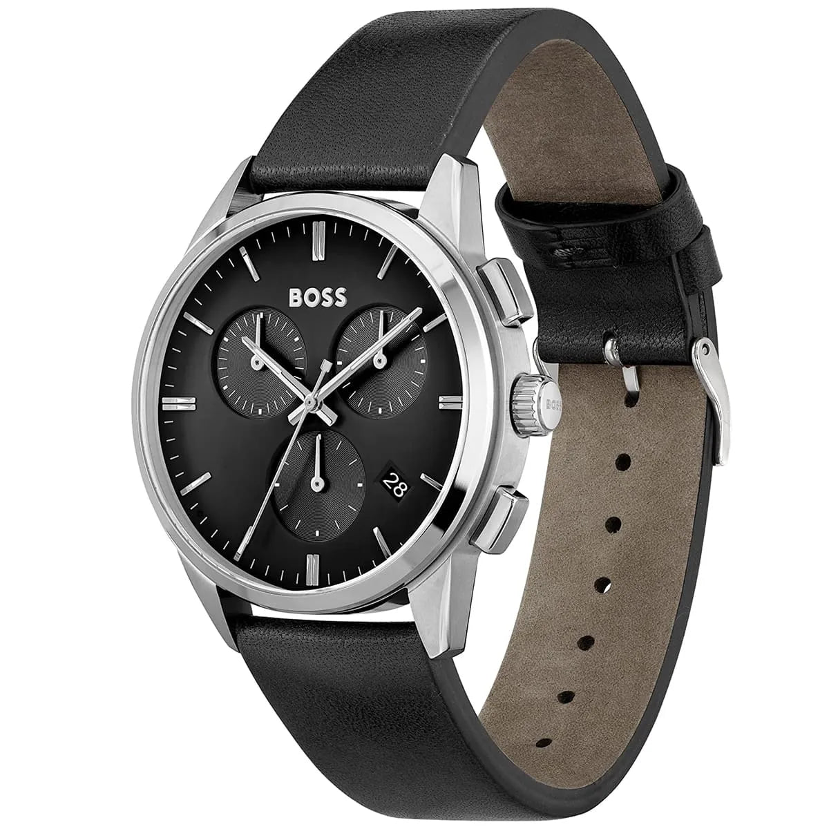 Hugo Boss Dapper watch with black leather strap showing three chronograph dials