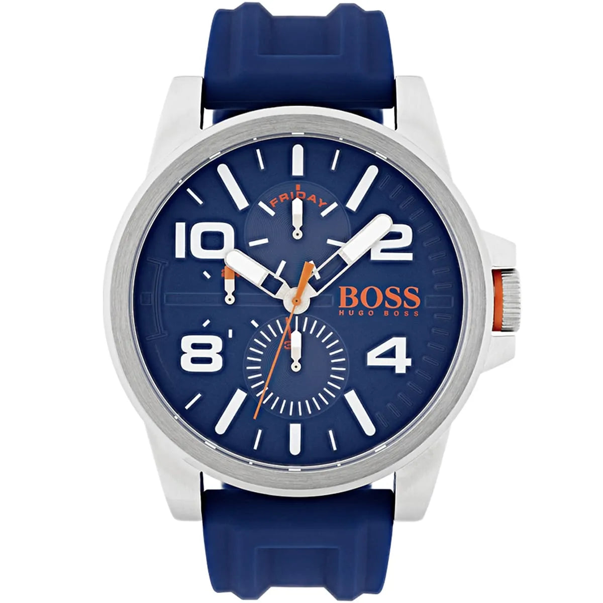 Hugo Boss Detroit men's watch with blue dial, white numerals, and blue silicone strap