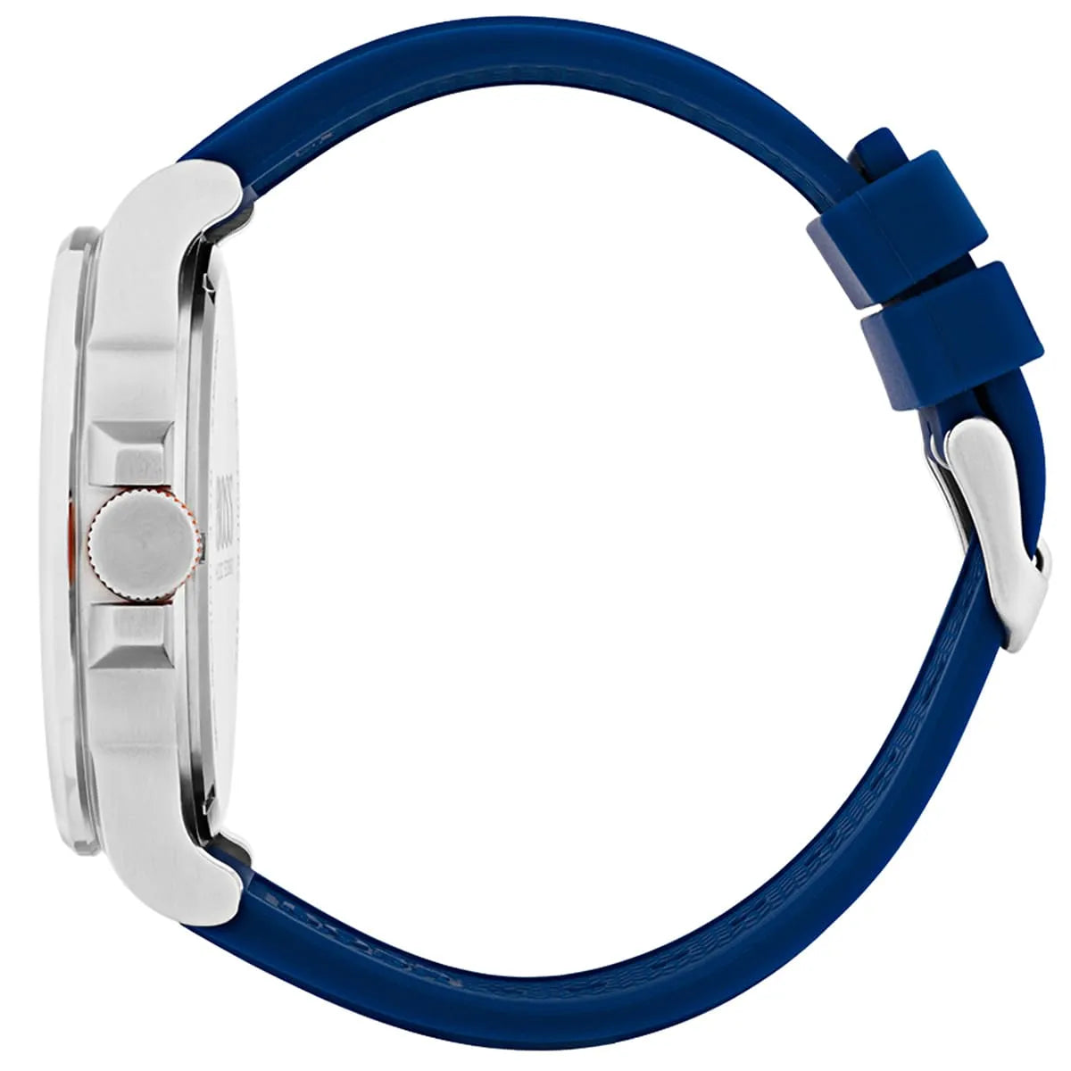 Hugo Boss Detroit watch side view showing silver case and blue silicone strap
