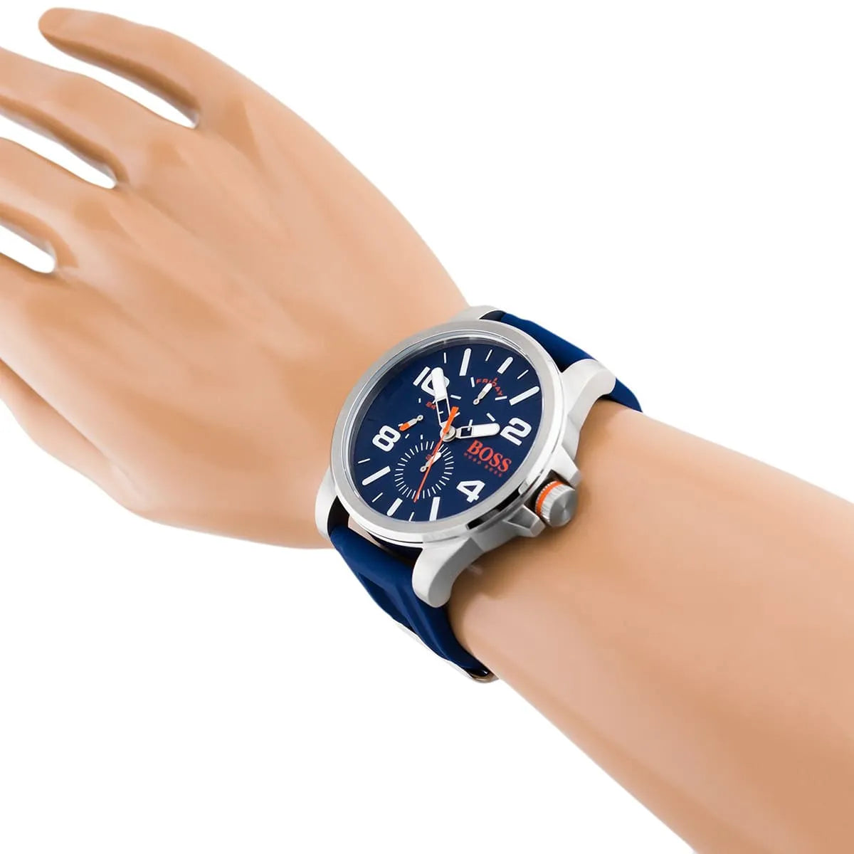 Hugo Boss Detroit quartz watch on wrist displaying blue dial and silicone band