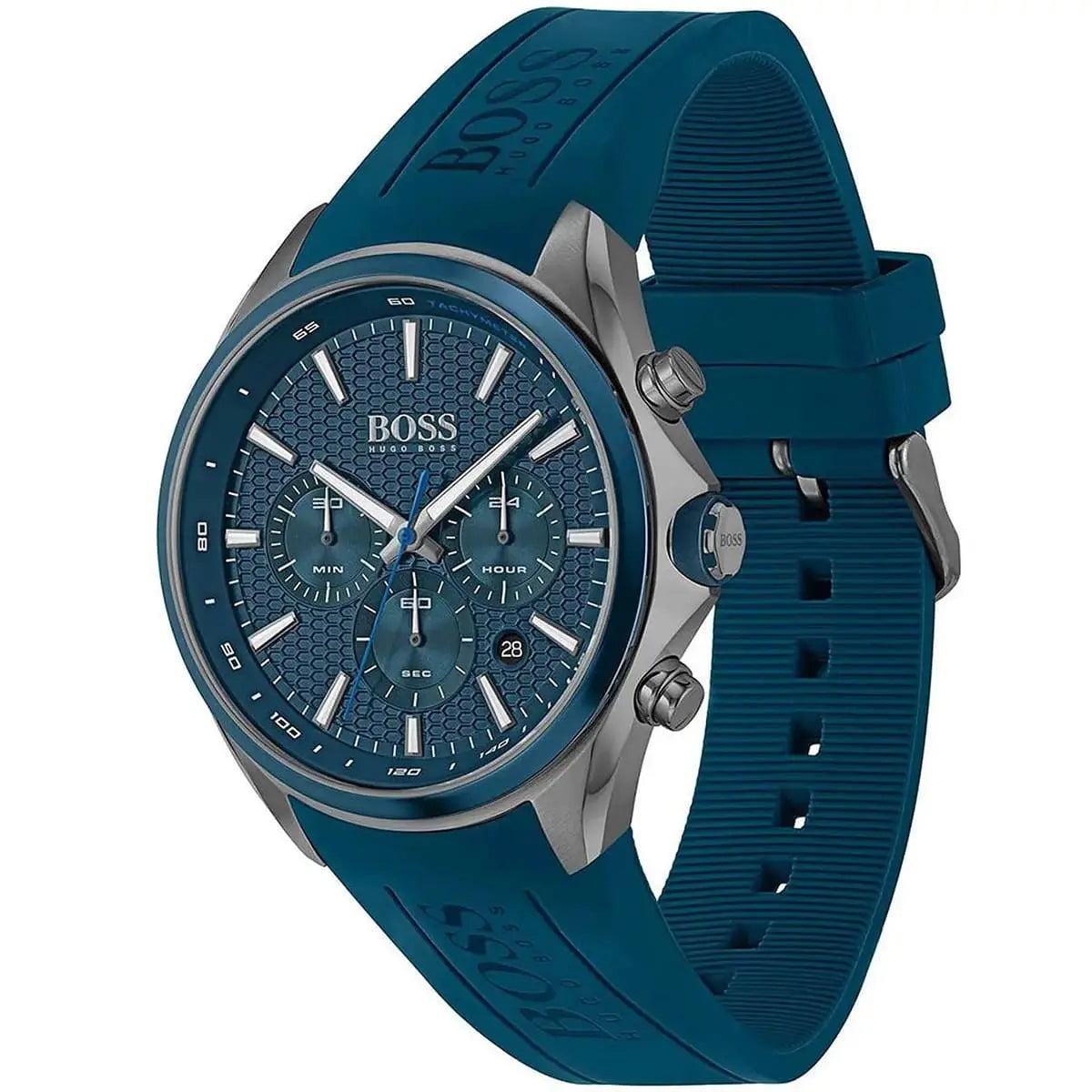 Hugo Boss Distinct chronograph watch side view showing blue silicone strap and case