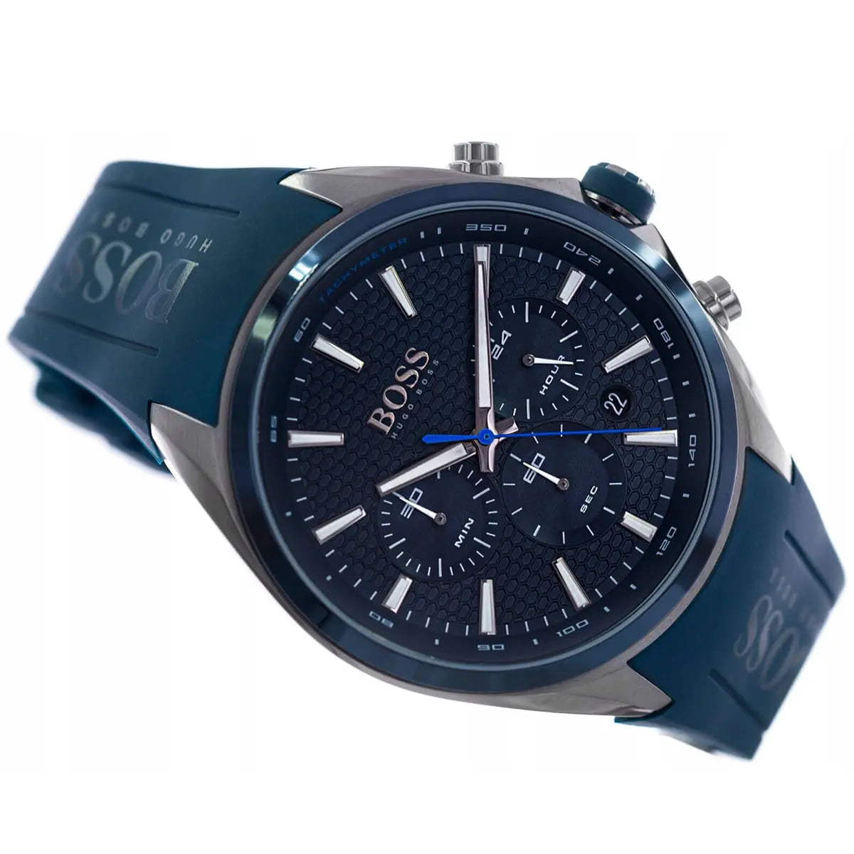 Hugo Boss Distinct watch case and pushers detail with blue silicone strap