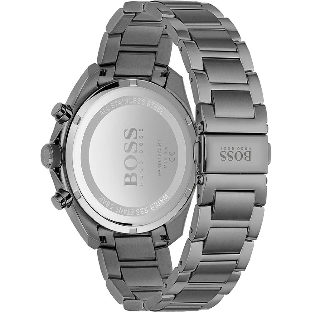 Hugo Boss caseback showing engraved branding and watch specifications on stainless steel back