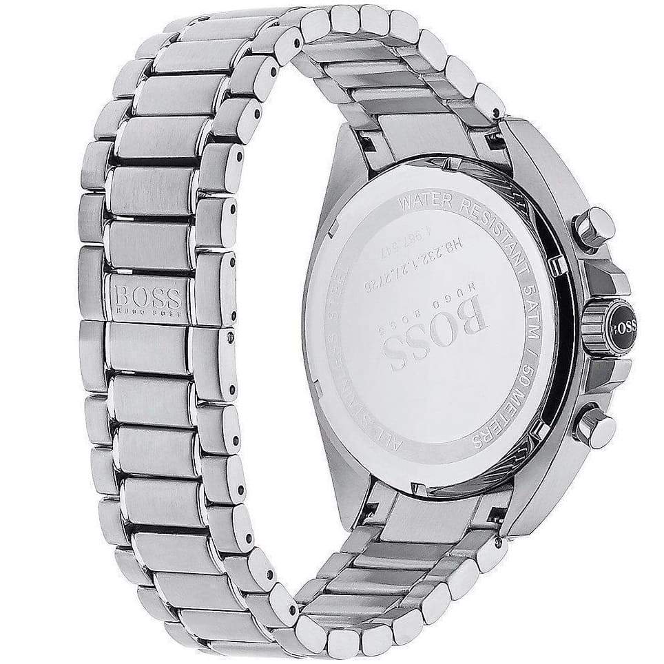 Hugo Boss Driver watch angled view displaying stainless steel bracelet and case