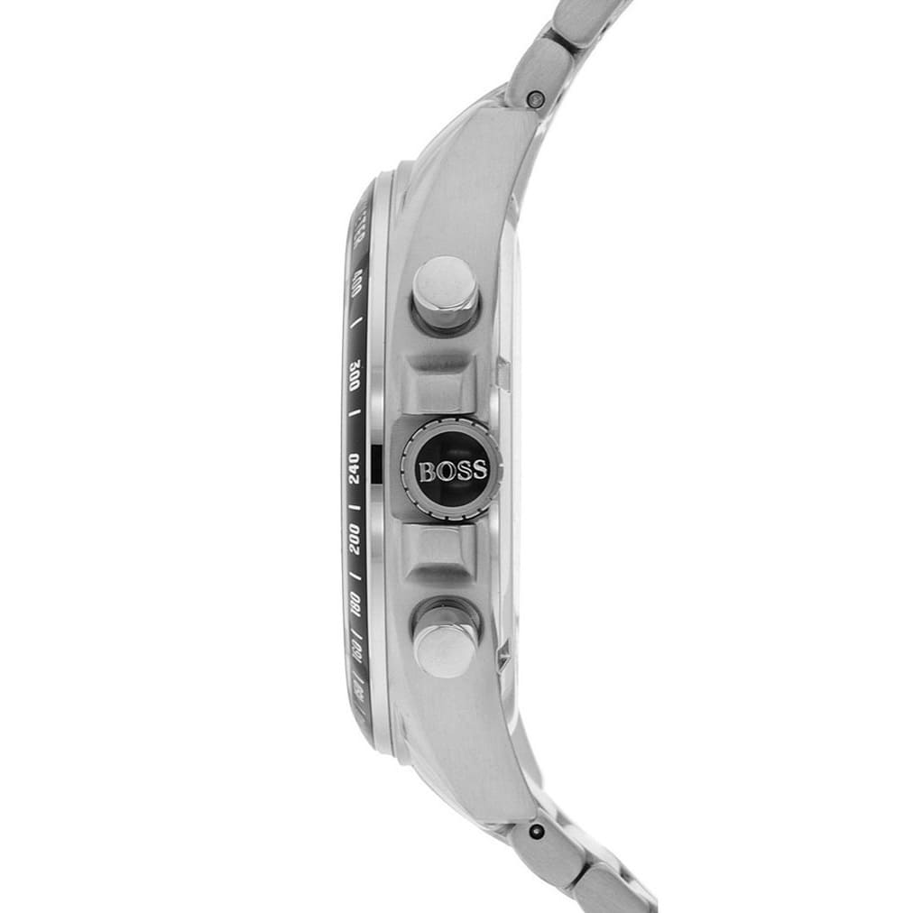 Hugo Boss Driver watch side profile showing stainless steel case and bracelet