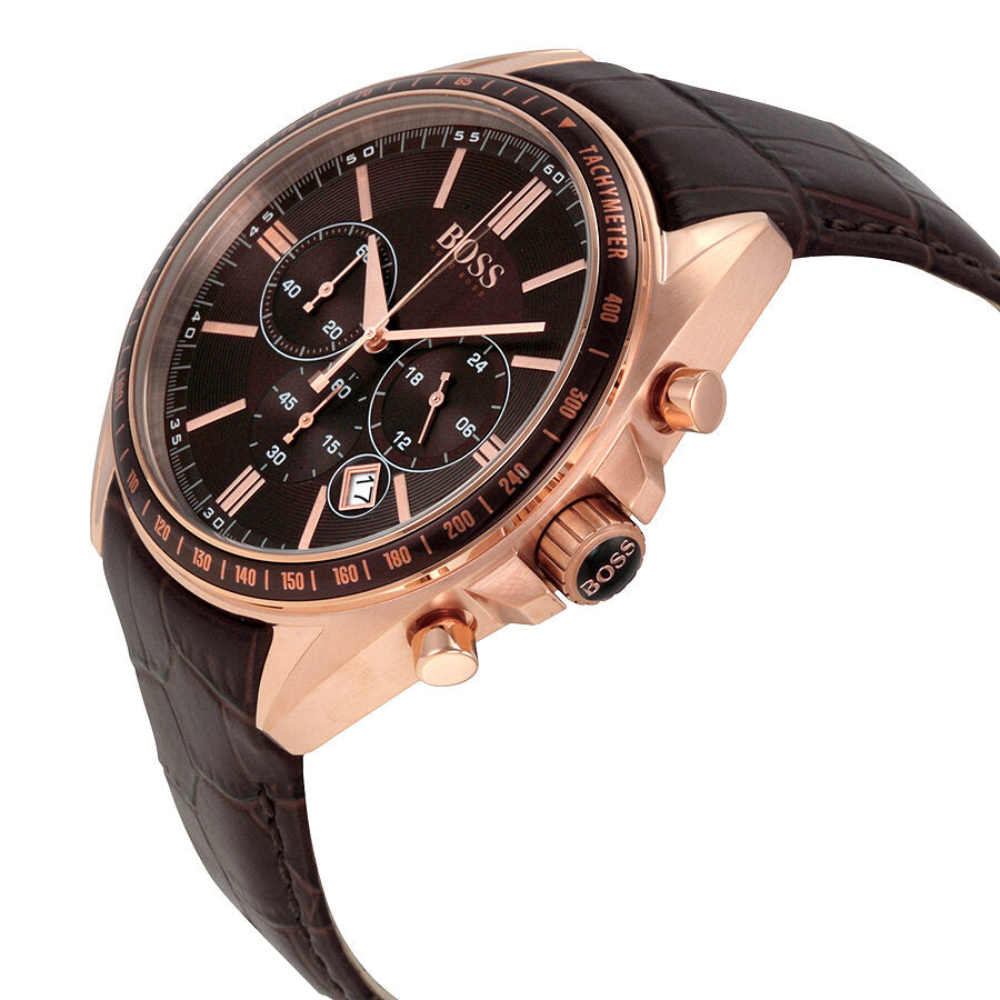 Hugo Boss Driver Chronograph watch shown at angle displaying rose gold case and chronograph subdials