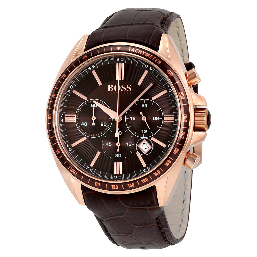 Hugo Boss Driver Chronograph brown dial watch with rose gold case and brown leather strap