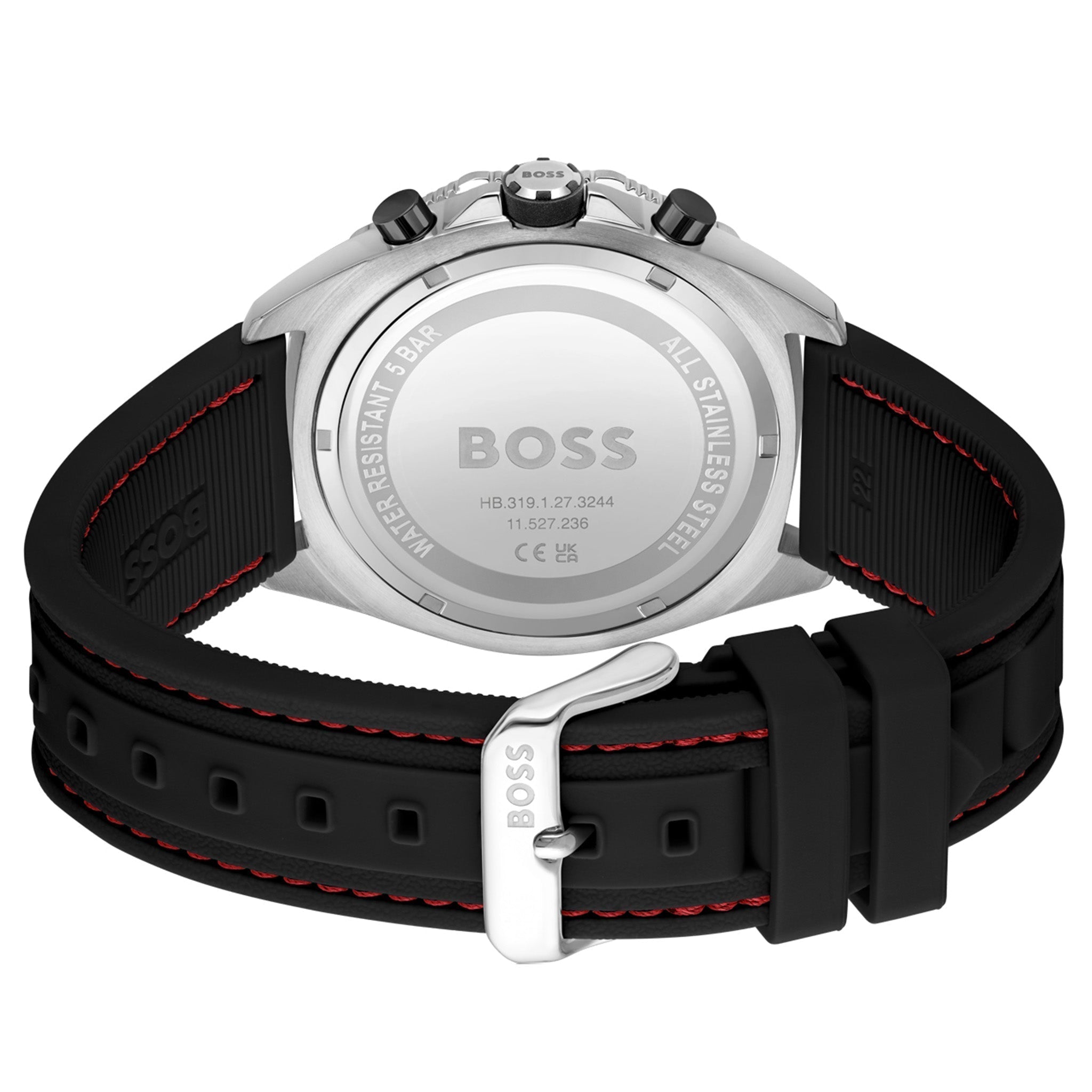 Caseback view of Hugo Boss Energy chronograph showing stainless steel case with black silicone strap