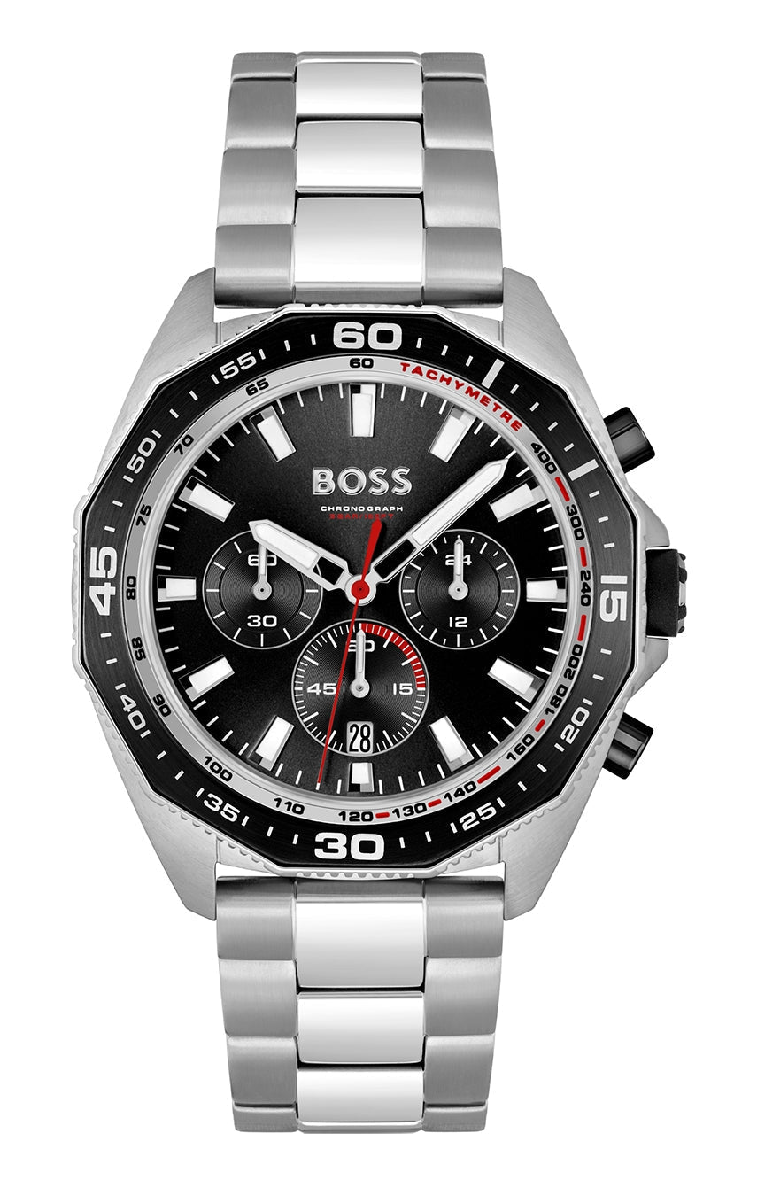 Hugo Boss Energy silver chronograph watch with black dial and three subdials