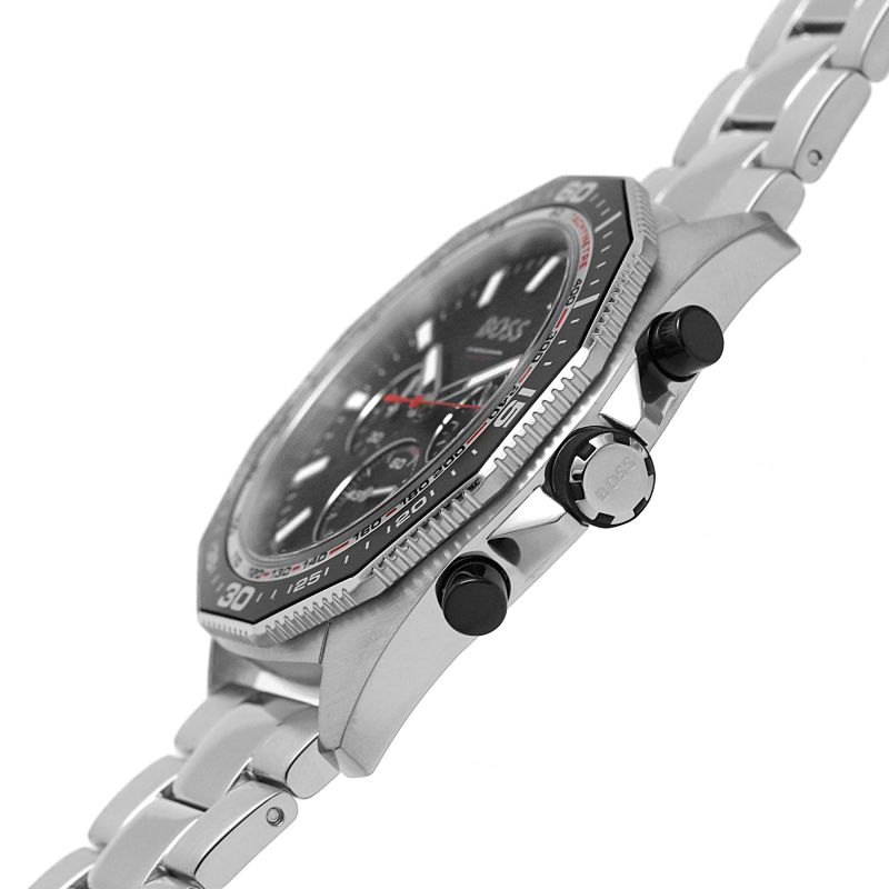 Hugo Boss Energy chronograph watch side view showing case, black pushers, and bracelet