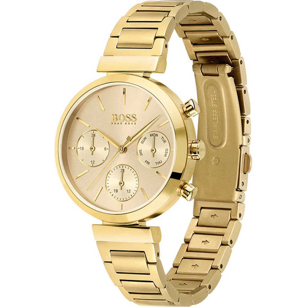Hugo Boss Flawless gold chronograph watch shown from side angle with gold bracelet visible