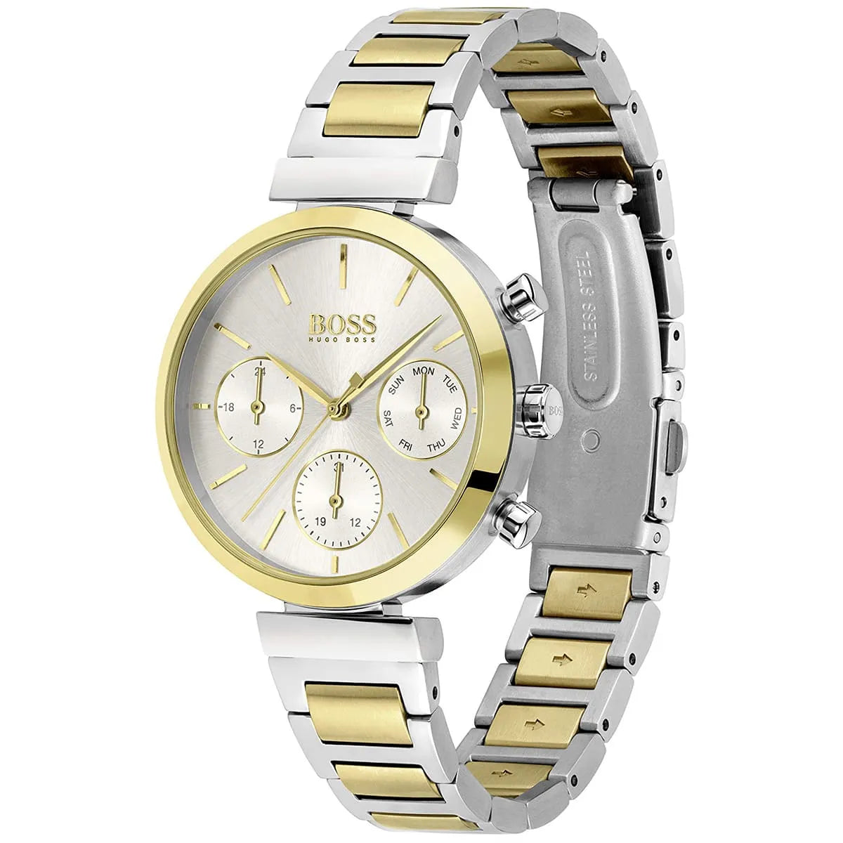 Side angle view of Hugo Boss Flawless women's chronograph watch with two-tone bracelet and multifunction dial
