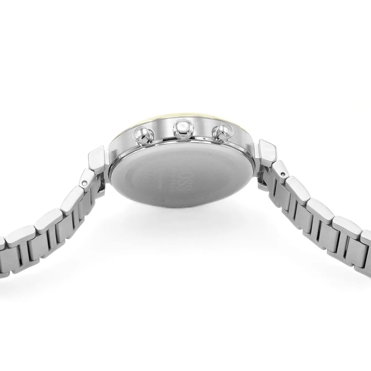 Close-up of Hugo Boss Flawless watch case showing chronograph pushers and bezel detail