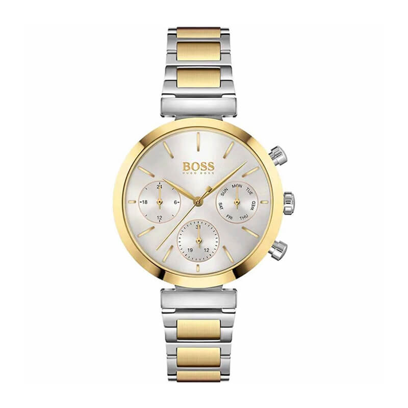Hugo Boss Flawless women's watch with silver dial, multifunction chronograph subdials, two-tone gold and silver bracelet