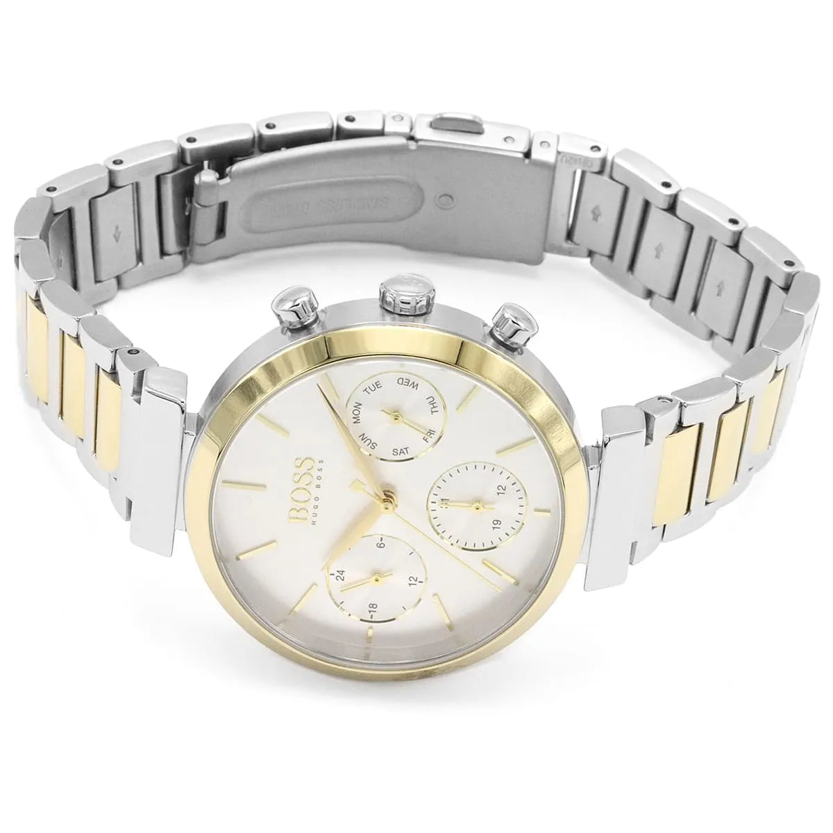 Hugo Boss Flawless women's chronograph watch worn on wrist showing silver dial and two-tone bracelet