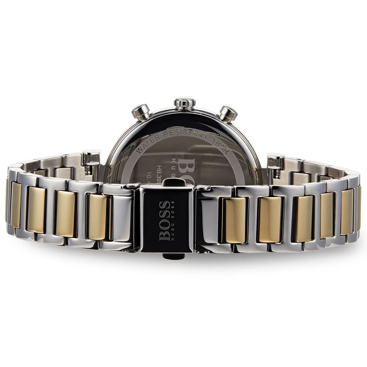 Overhead view of Hugo Boss Flawless multifunction watch with chronograph subdials and gold-tone bezel