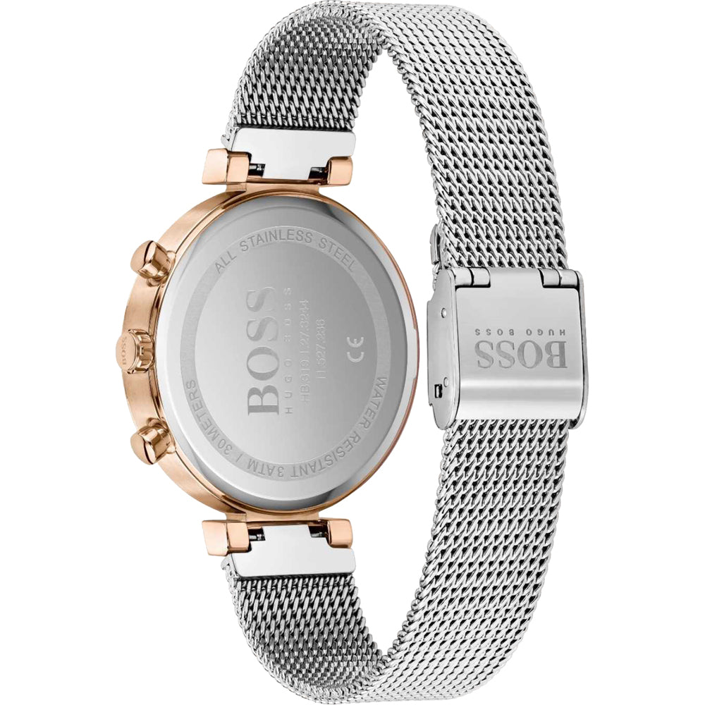 Hugo Boss Flawless watch caseback showing stainless steel and product branding