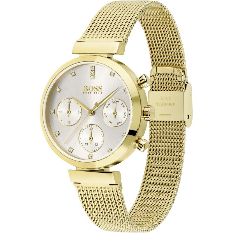 Hugo Boss Flawless gold mesh watch angled view showing three chronograph subdials and mesh strap