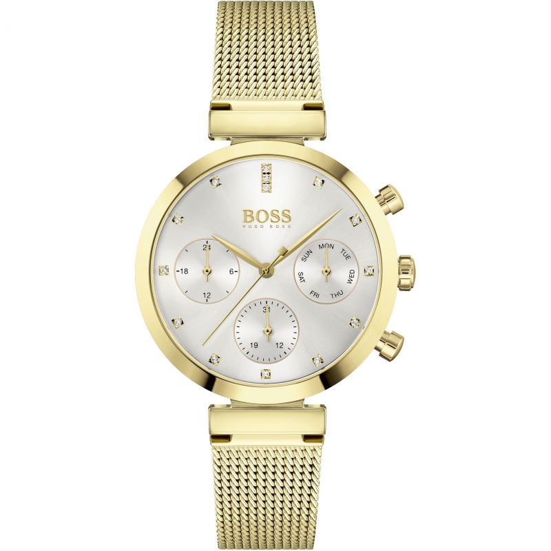 Hugo Boss Flawless gold mesh women's watch with chronograph dial and diamond hour markers