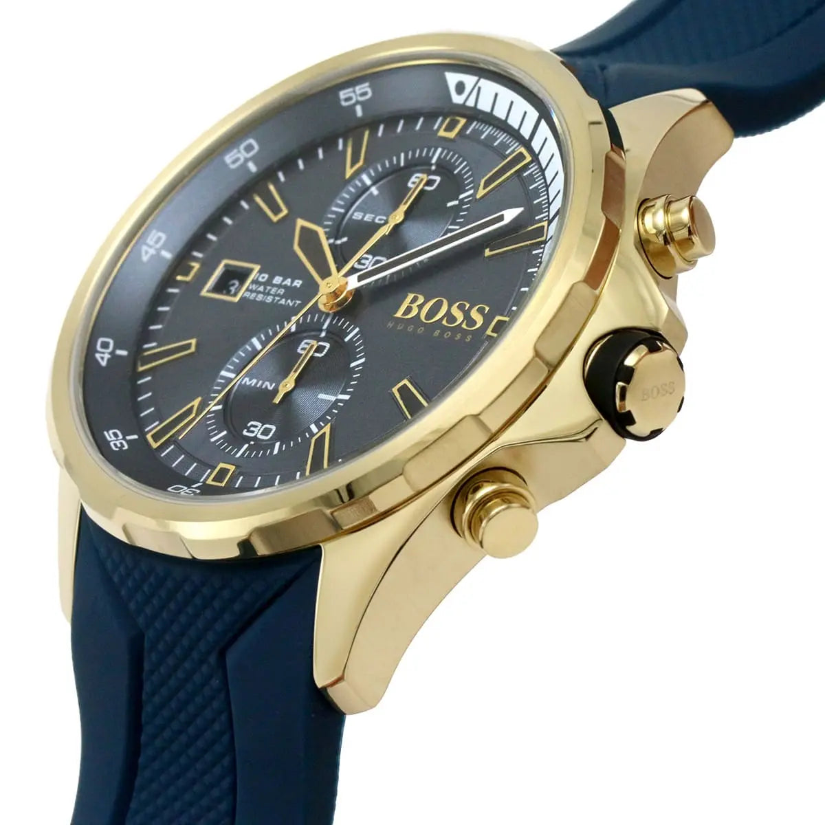 Close-up of Hugo Boss Globetrotter blue dial with chronograph subdials and gold hour markers