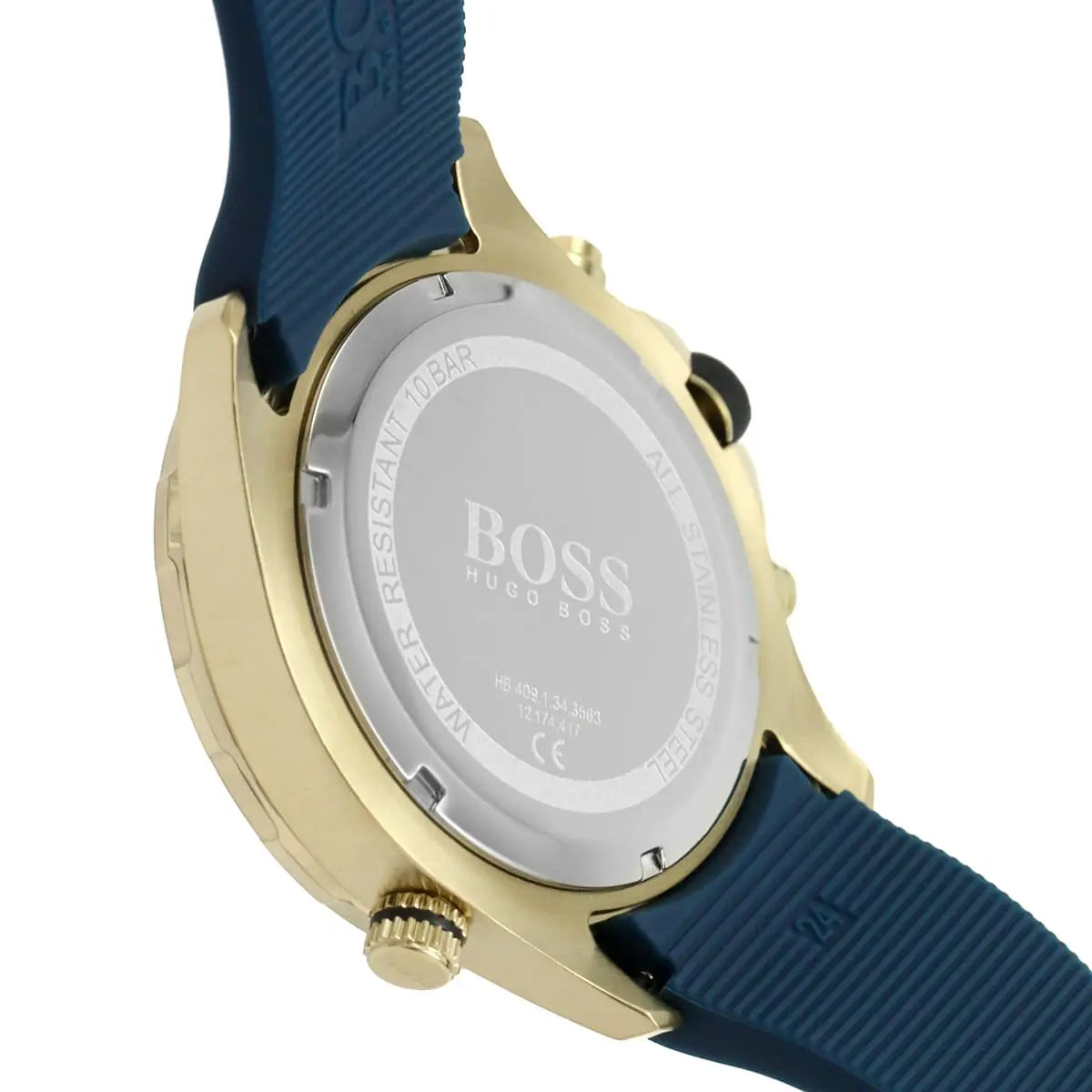 Hugo Boss Globetrotter watch side view showing case profile and textured strap
