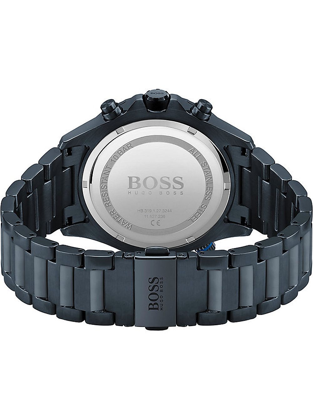 Hugo Boss Globetrotter watch caseback showing engraved logo and water resistance