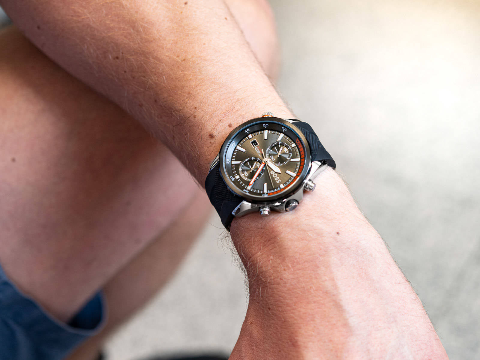 Hugo Boss Globetrotter chronograph watch worn on wrist with black silicone strap