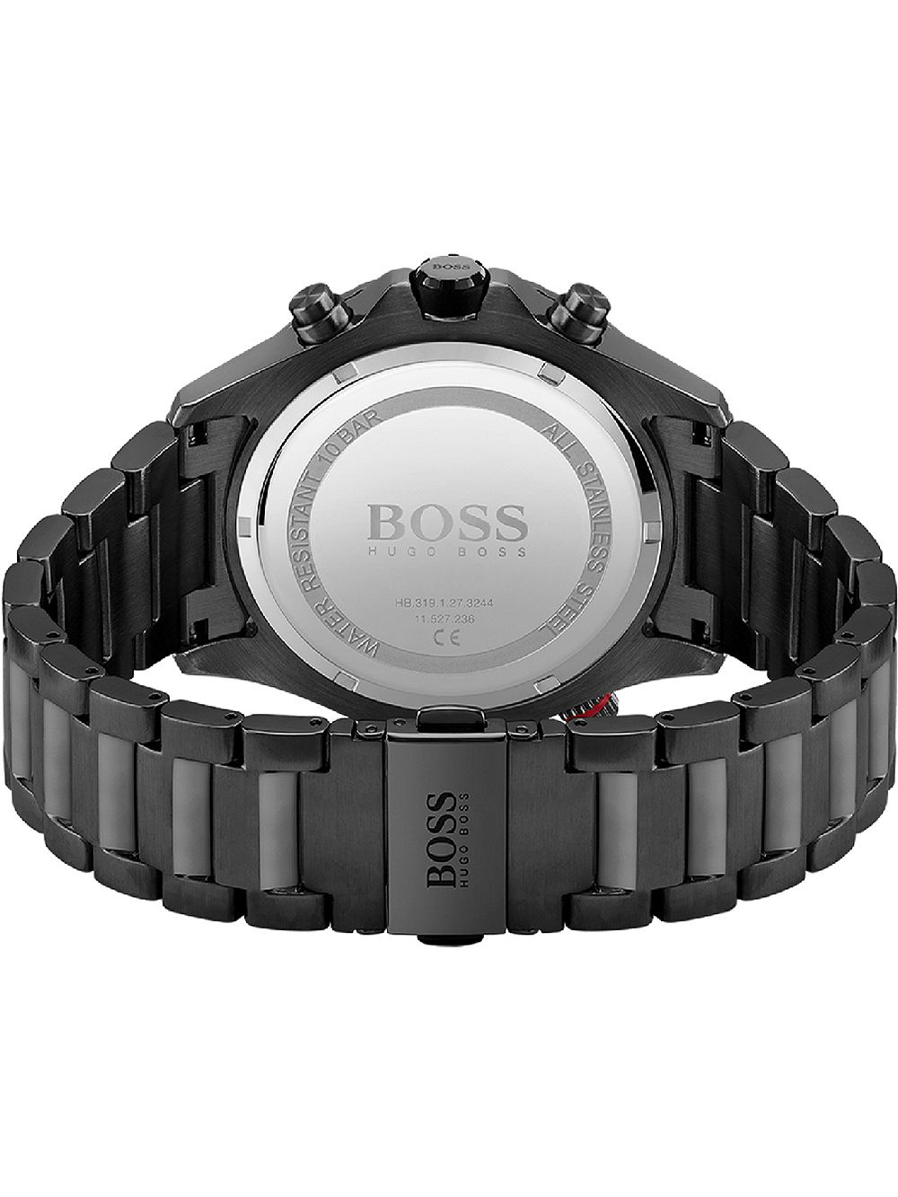 Hugo Boss Globetrotter black chronograph caseback with engraved BOSS logo and text