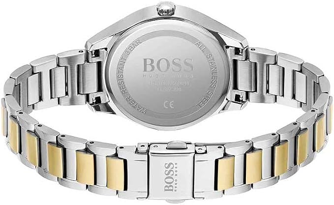 Hugo Boss Grand Course women's watch caseback showing two-tone stainless steel bracelet