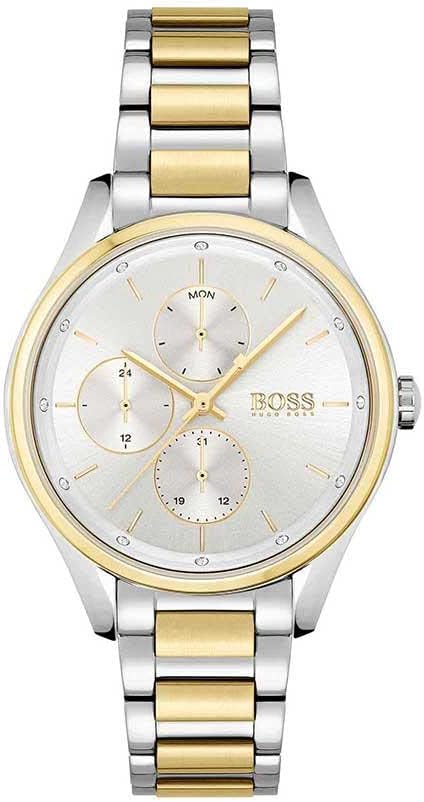 Hugo Boss Grand Course 36mm women's watch with silver dial, two-tone bracelet, and chronograph subdials
